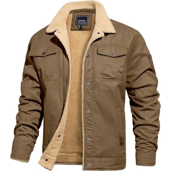 Tacvasen Men's Khaki Cotton Winter Fleece Lined Casual Warm Sherpa Jacket - Picture 1 of 6